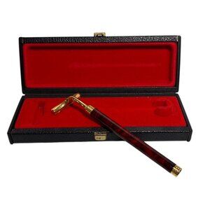 Vintage Gold Tone Safety Razor Marbled Red Handle Black Red Velvet Lined Case